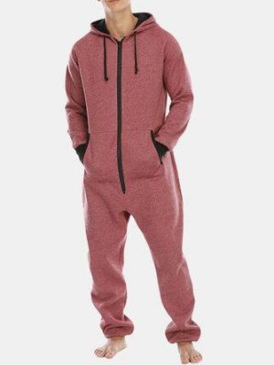 Mens Cotton Solid Hooded Pocket Long Sleeve Home Jumpsuit Zipper Sleepwear