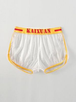 Mens See Through Board Shorts Letter Print Elastic Waist Swim Trunks