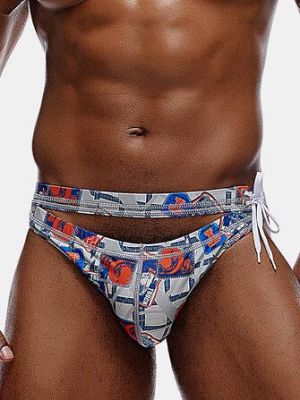 Mens Printing Hollow Out Quick Dry Side Drawstring Triangle Bikini Swimming Trunks
