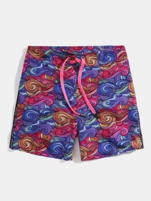 Mens Colorful Print Mesh Linning Drawstring Pocket Hawaii Beach Board Shorts