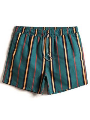 Mens Colorful Striped Quick Drying Drawstring Beach Shorts With Pocket