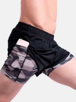 Mens Camo Patchwork Quick Dry Elastic Waist Loose Outdoor Running Sports Stretch Shorts