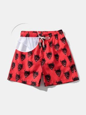 Mens Demon Print Mesh Lined Beach Holiday Thin Quick Dry Loose Drawstring Board Shorts