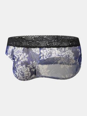 Mens Floral Print Mesh See Through Lace Breathable Briefs