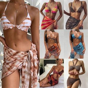 Sexy 3 Piece Bikini Set With Cover Up Beach Dress Tie Dye Push Up  Biquini Brazilian Swimwear Women Thong Bikinis 2021 Mujer