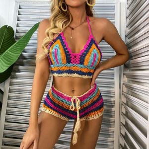 all in one place בגדי נשים Crochet Bikini Sets Multi Color Knitted Rainbow Striped Off Shoulder Top + Bottom Bikini Beachwear Bathing Suit Women Swimsuit