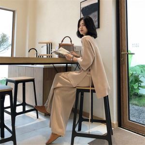 Knitting Female Sweater Pantsuit For Women Two Piece Set Pullover V-Neck Long Sleeve Bandage Top Wide Leg Pants  Suit