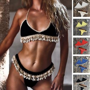 all in one place בגדי נשים Crochet Bikini Set Shell Tassels Bikini Brazilian Crochet Swimsuit Women Halter Swimwear Strappy Bikinis Free Shipping  2019 New