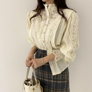 Alien Kitty 2021 Sweet Chic Stand Hollow Out Patchwork Lace OL Office Lady Soft Casual Warm All-Match Stylish Blouses 2 Types