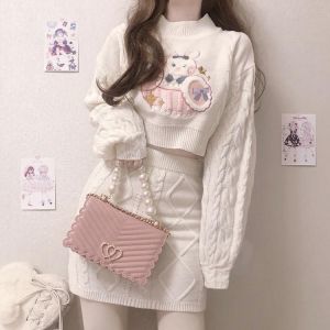 Women Sets Knitted O Neck Full Sleeve Casual Crop Tops Kawaii Embroidery Sweaters Mini Knitted Twist Skirts Female Harajuku Suit