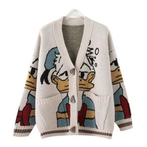 Retro cartoon duck pattern knitted cardigan sweater women Y2K oversized loose casual knitted sweater fashion trend cardigan coat