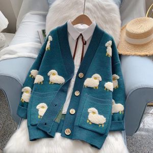 2021 Women Winter Knit Sweater Coat V Neck Sheep Cardigans Christmas Sweaters Warm Knitted Sueter Mujer Loose Long Sleeve Jacket
