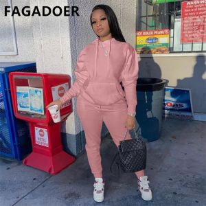 Fagadoer Hoodies Sport Two Piece Set Women Autumn Winter Tracksuit Solid Sweatshirts+Pants Casual Streetwear Women Sweat Suits