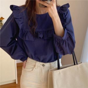 Alien Kitty Korean Sweet Ruffled Bright Line Solid Long Sleeve Shirts 2021 Female Versatile Fashion Elegant Autumn Blouses