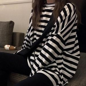 oversized t shirt spring Autumn Women harajuku Striped T-shirt Korean Casual full Sleeve O-Neck T-Shirts ulzzang Femme black Top