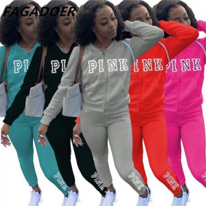 2021 Casual Tracksuits Women Solid Two Piece Set Women Plus Size Pink Letter Embroidery Zipper Hoody Coat + Pants Sets Joggers