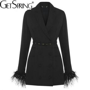 GETSPRING Women Blazer dress elegant Long Black Feather Coats Jacket suit double breasted Bandage 2021 outfit Spring autumn new