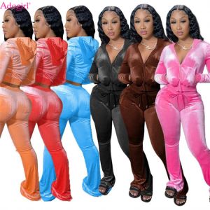 Adogirl Autumn Winter Solid Velvet Tracksuit Zipper Long Sleeve Hooded Sweatshirts Top Flare Pants Joggers Suit Two Piece Set