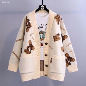 2021 Fashion Cartoon Bears Print Knitted Cardigan Women Autumn Winter V Neck Knit Women Sweater Jacket Oversized Cardigan Tops