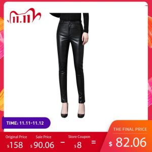 all in one place בגדי נשים Genuine Leather Pants 2021 New Women&#x27;s Spring Autumn Black Sheepskin Trousers Female Slim Leather Pencil Pants OL Slim Pants