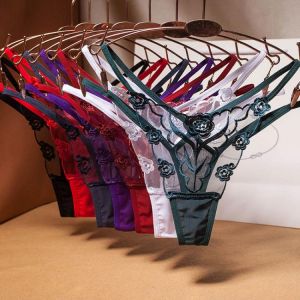 European And American Retro Sexy Underwear Women's Low-Waist Thin Belt Rose Embroidery Mesh Transparent Seamless Thong Women
