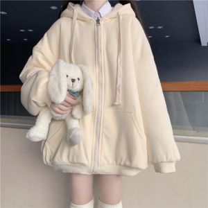 Apricot Cardigan Jacket High Street Hooded 2021 Fall/Winter New Style Plus Velvet Zipper Women's Loose Pocket Sports Top Tren