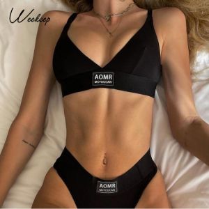 Weekeep Casual Black Beachwear V Neck Bra and Underwear Set Sexy Embroidery Letter Women Summer Two Piece Lingerie Suit Backless