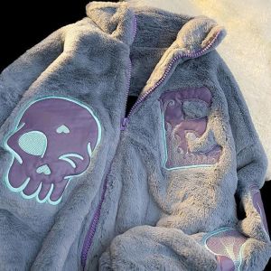 American autumn and winter new letter embroidery lamb velvet skull oversized jacket women  punk plus velvet thick zipper jacket
