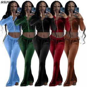 Gsuwoo Women Velvet 2pcs Sets Casual Long Sleeve Zipper Jacket Coats Jogging Wide Leg Pants Suit Autumn Sporty Tracksuit Outfits