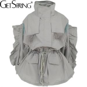GetSpring Women Trench Coat Tassel Beaded Lantern Sleeve Ladies Windbreaker Drawstring Loose Casual Thin Autumn Tops 2021 New
