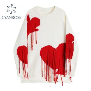 Women Knitted Sweater 2021 Autumn Winter Hip Hop Streetwear Heart Tassel Pullover Harajuku Sweater Gothic Loose Knitwear Tops
