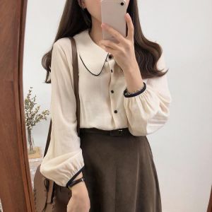 Corduroy Blouses Women 2021 Autumn Peter pan Collar Shirts Long Sleeve Korean Kawaii Solid Tops Female Clothing