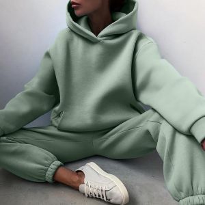 Women's Tracksuit Casual Solid Long Sleeve Hooded Sport Suits Autumn Warm Hoodie Sweatshirts And Long Pant Fleece Two Piece S