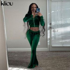 Kliou Solid Velour Two Piece Set Women Simple Casual Zipper Long Sleeve Turtleneck Top+Bandage Lace Slim Female Wide Leg Pants
