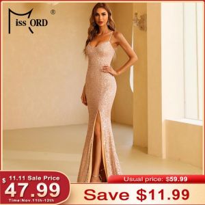 Missord Summer 2021 Women Maxi Sexy Sequins Spaghetti Strap V Neck Backless Dress Evening Prom Thigh Split Party Vestidos Gold