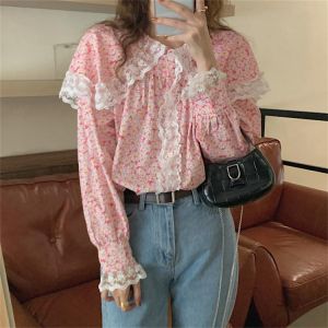 Alien Kitty Pink Flowers Lace Patchwork Shirts Girls Hot Sweet OL Printed Florals Peter Pan Collar Women Tops Streetwear Autumn
