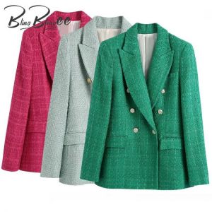 BlingBlingee Za 2021 Autumn Winter Women Traf Coats Double Breasted Tweed Woolen Jackets Female Casual Thick Green Blazers