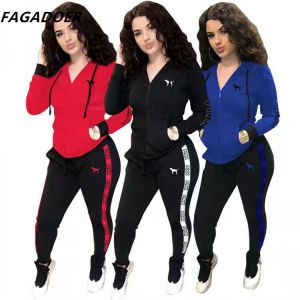 FAGADOER New PINK Outfits Women Sweatsuits Letter Embroidery Zip Hoody Coat+Pants Casual 2 Piece Set Women Tracksuits Sportwear