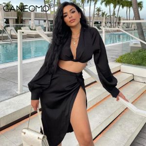 Elegant Sexy Midi Dress Sets Long Sleeve Crop Top And Skirt Suits Party Holiday Skirts Vacation Matching Outfits Two Piece Set