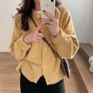 2021 Autumn Knitted Female Cardigan Loose Streetwear Solid Sweater Coats Cute O Neck Knitted Cardigan Women Knitted Jacket Tops