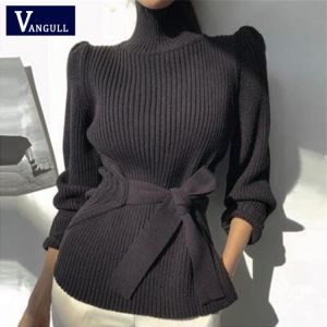 Vangull Solid Fashion Slim Knitted Women Sweater Turtleneck Long Sleeve Female Pullovers Belt Soft Lady Jumpers Hem slit Sweater
