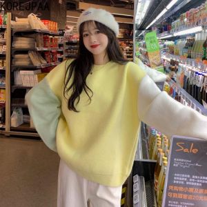Korejpaa Contrast Stitching Sweater Women Korea Lazy Style Autumn Winter 2021 New Long-sleeved O-neck Knitted Pullover Top