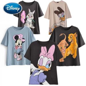 Disney T-Shirt Mickey Mouse Daisy Duck Cartoon Print Women Cotton T-Shirt Short Sleeve Streetwear O-Neck Pullover Loose Tee Tops