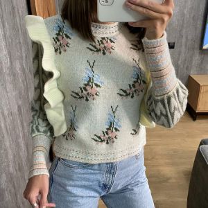 Women's Knit Sweater Za 2021 Fashion Ladies O-Neck Stitching Ruffle Streetwear Female Clothing Comfortable Streetwear  SW5698