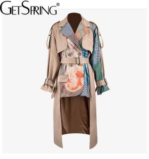 GetSpring Women Trench Coat Asymmetry Hem Long Print Coat Long Sleeve Single Breasted Women Windbreaker Woman Tops Autumn Winter