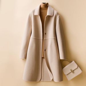 100% Wool Woolen Long Coat Woman Autumn and Winter Turn-down Neck Wool Jacket Woman Casual Keep Warm Slim Solid color Clothing