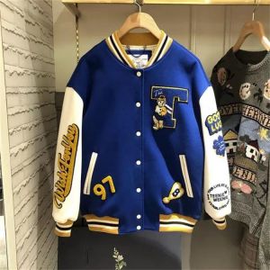 Letter Embroidered Bear Pattern High Quality Loose BF All-match Baseball Uniform Women's Jacket Retro Y2K Streetwear Winter 2