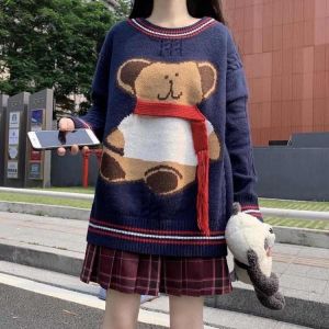 Cute bear sweater women's for fall and winter 2021 new college y2k style lazy outer wear hedging knitted long-sleeved sweater
