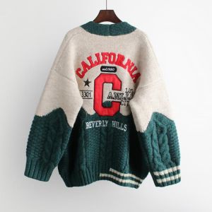 2021 Women Oversized Cardigans V Neck Letters Embroidery Casual Patchwork Loose Jumpers Thick Warm Spring Knit Jacket Coat Tops