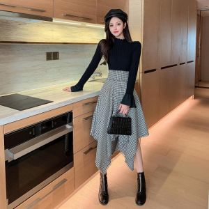 Houndstooth half-length skirt women 2020 new spring women's long-sleeved sweater high-waist irregular two-piece suit